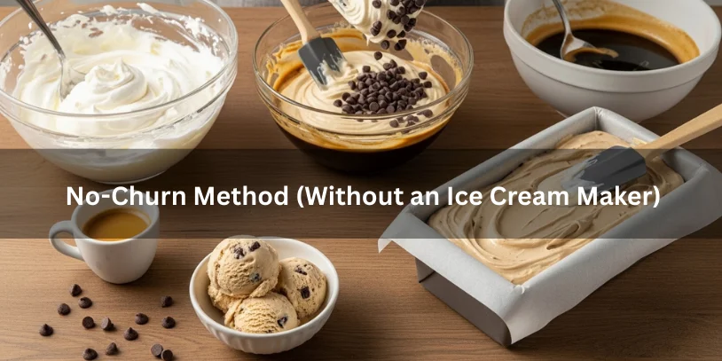 No-churn coffee ice cream process showing whipped cream, espresso-condensed milk mixture, chocolate chips folded in, loaf pan for freezing, and a final scoop served in a bowl.-coffee ice cream with chocolate chips 