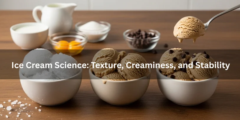 Three bowls of coffee chocolate chip ice cream showing icy texture, overly soft melt, and perfectly creamy consistency, illustrating texture and stability differences.-coffee ice cream with chocolate chips 