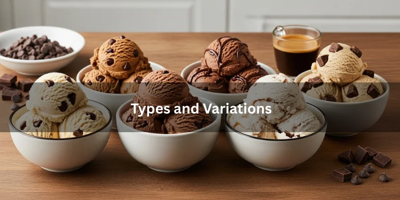 Five bowls of coffee ice cream variations including classic chocolate chip, dark espresso, mocha swirl, dairy-free, and chunky chocolate versions, showing texture and color differences.-coffee ice cream with chocolate chips 