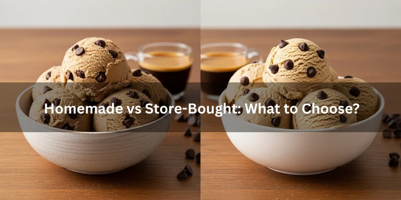 Homemade and store-bought coffee chocolate chip ice cream scoops side by side, showing texture and chip distribution differences.-coffee ice cream with chocolate chips