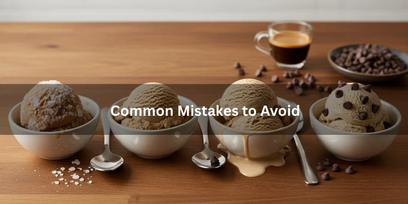 Four bowls of coffee chocolate chip ice cream showing icy texture, overly soft melt, clumped chips, and perfectly creamy texture for comparison.-coffee ice cream with chocolate chips 