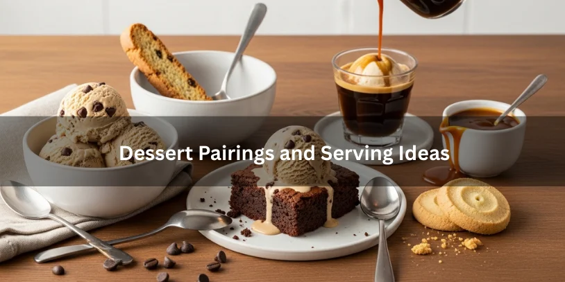 A styled spread of coffee chocolate-chip ice cream paired with a warm brownie topped with melting ice cream, an affogato being poured, biscotti, shortbread, and a ramekin of salted caramel, with spoons and scattered chocolate chips on a wooden countertop.-coffee ice cream with chocolate chips 