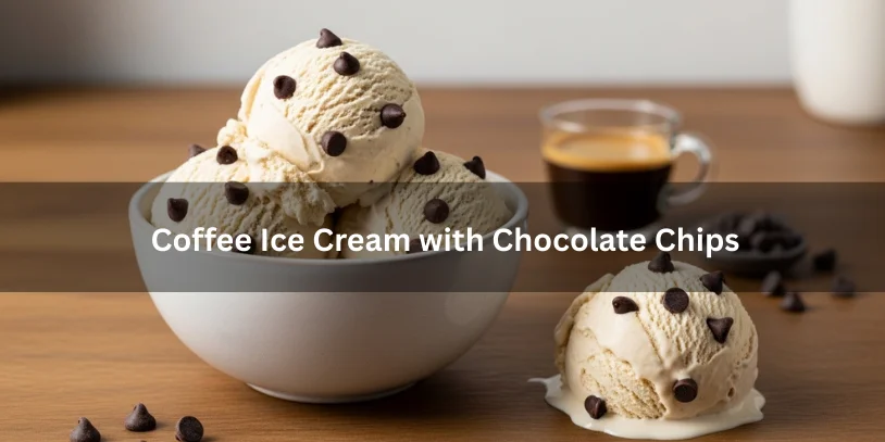 Bowl of creamy coffee ice cream with dark chocolate chips, served beside a small cup of espresso and scattered chocolate pieces.-coffee ice cream with chocolate chips