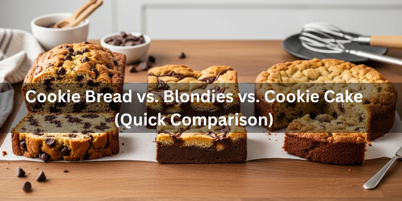 Cookie Bread Recipe (Sliceable Chocolate Chip Cookie Loaf) + Bake Times, Doneness Tests, Best Variations & Fixes Sliced cookie bread, a square blondie, and a round cookie cake displayed side by side to show differences in texture and structure.-cookie bread recipe