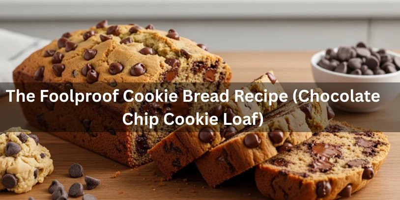 Cookie Bread Recipe (Sliceable Chocolate Chip Cookie Loaf) + Bake Times, Doneness Tests, Best Variations & Fixes Chocolate chip cookie bread loaf sliced to show soft, chewy interior with chocolate chunks, on a wooden countertop with extra chocolate chips nearby.-cookie bread recipe