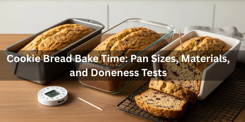 Cookie Bread Recipe (Sliceable Chocolate Chip Cookie Loaf) + Bake Times, Doneness Tests, Best Variations & Fixes Three loaf pans of different sizes and materials showing cookie bread at various bake stages with toothpick testing for doneness and cooling rack nearby.-cookie bread recipe