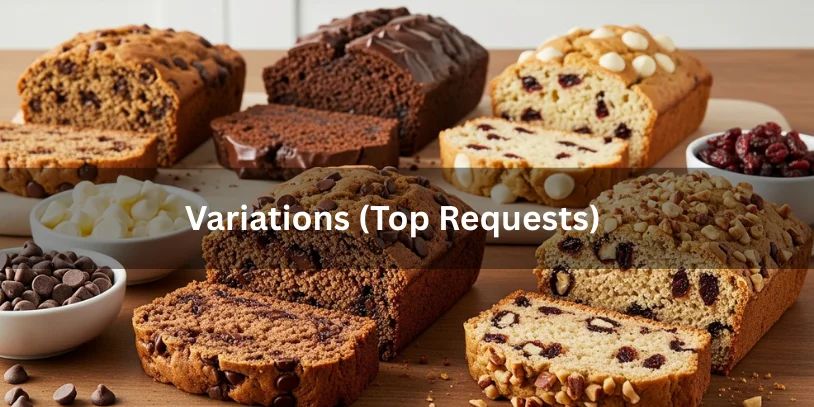 Cookie Bread Recipe (Sliceable Chocolate Chip Cookie Loaf) + Bake Times, Doneness Tests, Best Variations & Fixes Sliced cookie bread loaves in chocolate chip, double chocolate, white chocolate cranberry, and nut-studded variations with bowls of corresponding mix-ins nearby.-cookie bread recipe