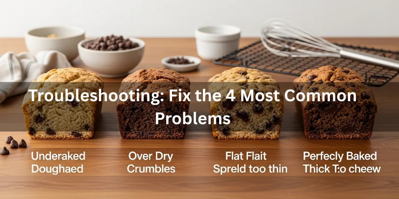 Cookie Bread Recipe (Sliceable Chocolate Chip Cookie Loaf) + Bake Times, Doneness Tests, Best Variations & Fixes Cookie bread loaves showing underbaked, dry, and flat problems alongside a perfectly baked thick, chewy loaf, with baking tools and chocolate chips nearby.-cookie bread recipe