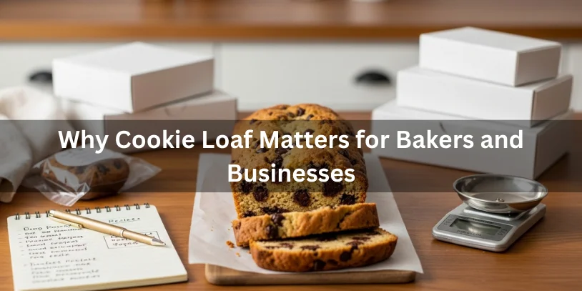Cookie Loaf: The Best Recipes Guide, History, Variations, and 11 Baking Tips Sliced cookie loaf on a wooden countertop with packaging boxes and a notepad, illustrating its relevance for bakers and small businesses.-cookie loaf