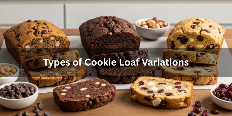 Cookie Loaf: The Best Recipes Guide, History, Variations, and 11 Baking Tips Various sliced cookie loaf variations including chocolate chip, double chocolate, nut-filled, and white chocolate cranberry, showing interior crumb and mix-ins.-cookie loaf