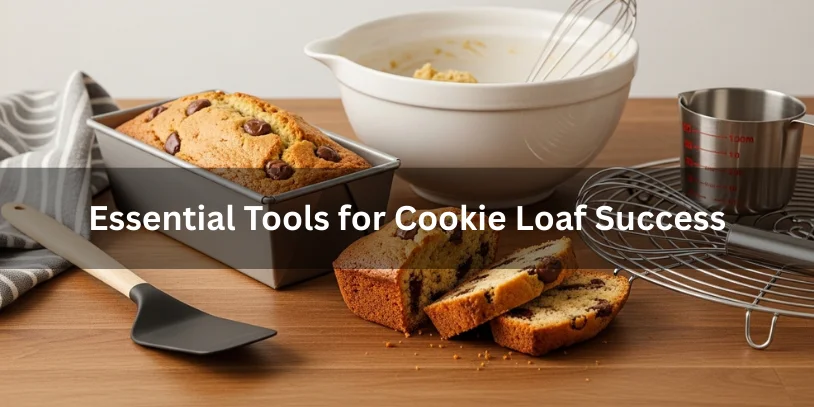 Cookie Loaf: The Best Recipes Guide, History, Variations, and 11 Baking Tips Freshly baked chocolate chip cookie loaf with essential baking tools including spatula, mixing bowl, whisk, and loaf pan on a wooden countertop.-cookie loaf