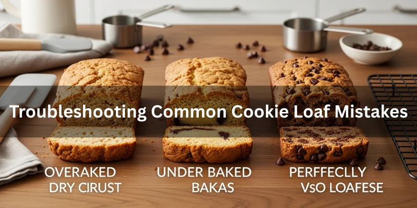 Cookie Loaf: The Best Recipes Guide, History, Variations, and 11 Baking Tips Cookie loaves showing common mistakes including overbaked, underbaked, and uneven chocolate chip distribution, alongside a perfectly baked loaf for comparison.-cookie loaf