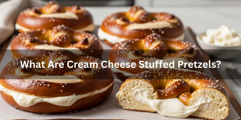 Soft pretzels filled with cream cheese, with one cut open to show the creamy filling inside.-cream cheese stuffed pretzels 