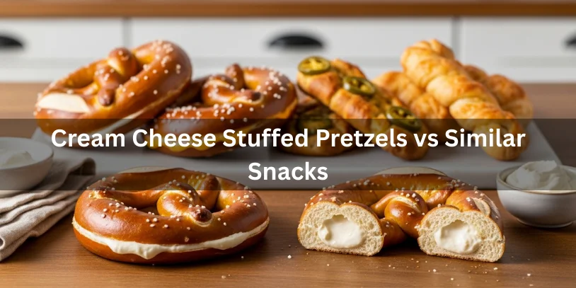 Cream cheese stuffed pretzels displayed alongside other similar snacks like cheese-stuffed pretzels and cinnamon rolls, with one cut open to show the filling.-cream cheese stuffed pretzels 