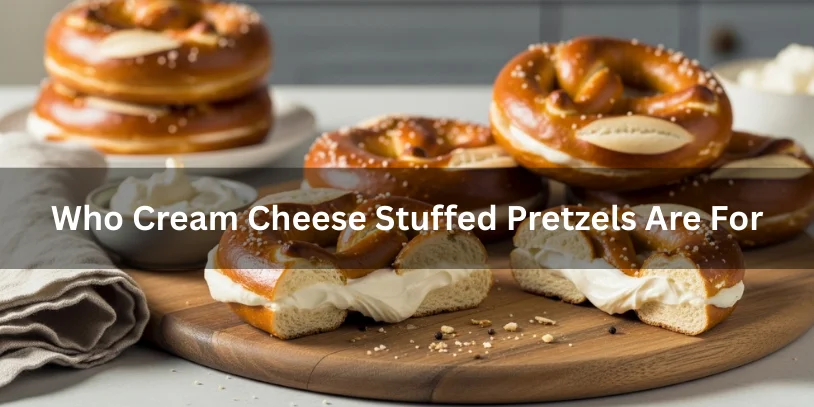 Cream cheese stuffed pretzels arranged on a wooden board with one cut open, showing a versatile snack enjoyed by many.-cream cheese stuffed pretzels 