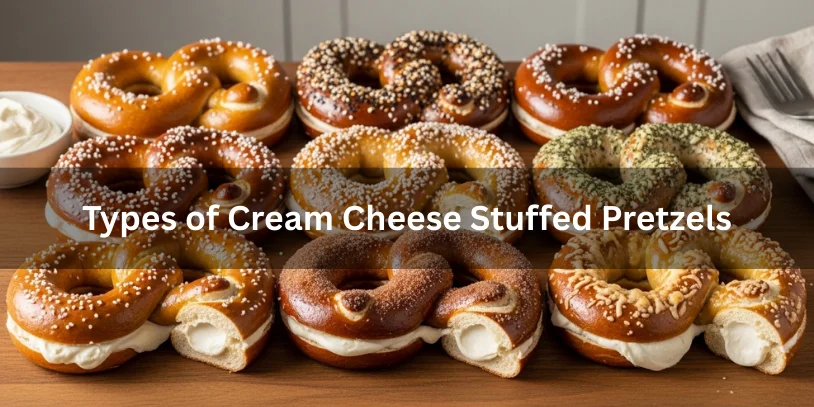 Different types of cream cheese stuffed pretzels including classic, seasoned, and sweet varieties, with pretzels cut open to show the filling.-cream cheese stuffed pretzels 