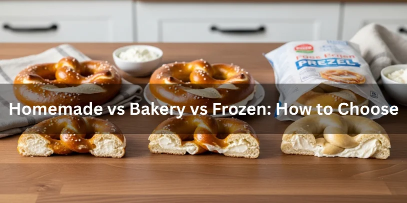 Homemade, bakery-style, and frozen cream cheese stuffed pretzels shown side by side with cut-open centers for comparison-cream cheese stuffed pretzels 