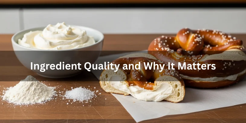 High-quality ingredients and a cut-open cream cheese stuffed pretzel, showing why ingredient quality matters for taste and texture.-cream cheese stuffed pretzels 