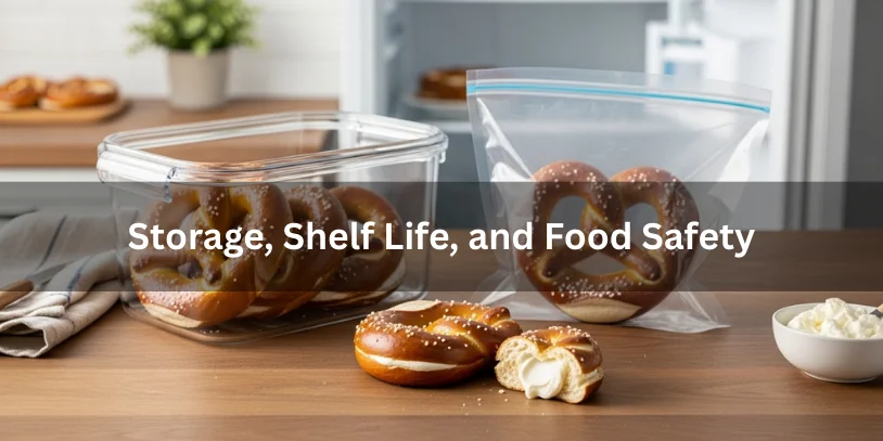 Cream cheese stuffed pretzels stored in airtight containers and freezer-safe bags, showing proper storage and food safety practices.-cream cheese stuffed pretzels 