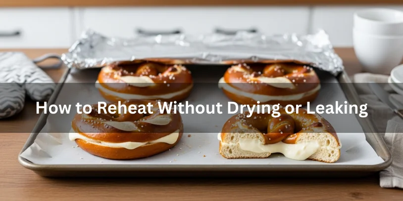 Cream cheese stuffed pretzels reheated gently on a baking sheet with one cut open to show the filling intact and creamy.-cream cheese stuffed pretzels 