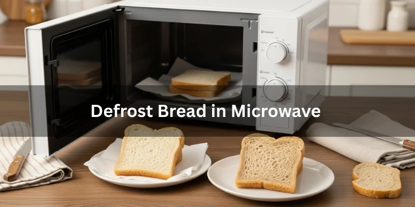 Frozen bread slice being defrosted in a microwave on a plate with paper towel, shown alongside properly thawed soft bread.-defrost bread in microwave