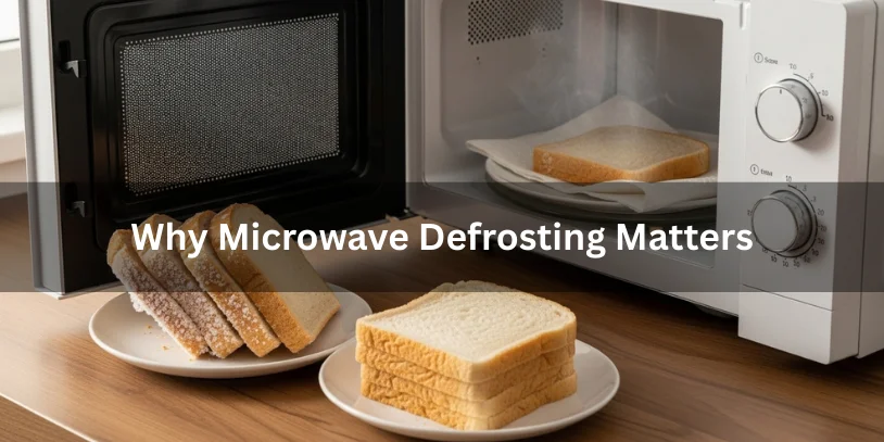 Frozen bread slice being defrosted in a microwave on a plate with a damp paper towel, shown next to soft thawed bread for comparison.-defrost bread in microwave 