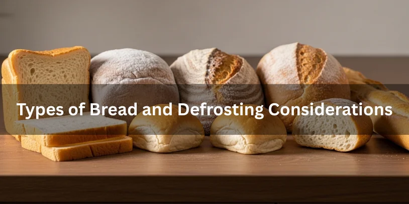 Different types of frozen and thawed bread including sandwich slices, sourdough loaf, dinner rolls, and baguette on a kitchen counter.-defrost bread in microwave 