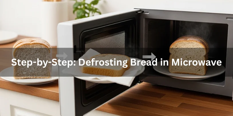 Step-by-step visual of frozen bread being defrosted in a microwave and shown fully thawed and soft on a plate.-defrost bread in microwave 