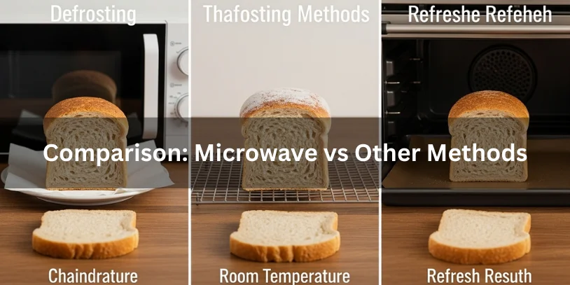 Side-by-side comparison of bread defrosting methods including microwave, room temperature thawing, and oven reheating with visible texture differences.-defrost bread in microwave 