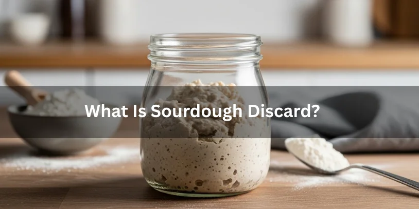 A glass jar of sourdough discard with a thick, flat texture on a wooden countertop, illustrating what sourdough discard is.-difference between sourdough starter and discard 
