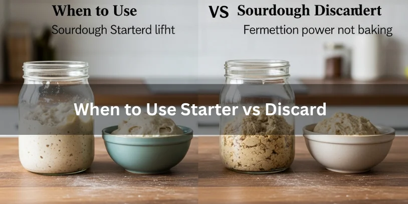 Active sourdough starter with risen dough and sourdough discard with denser dough, showing when to use starter versus discard in baking.-difference between sourdough starter and discard 