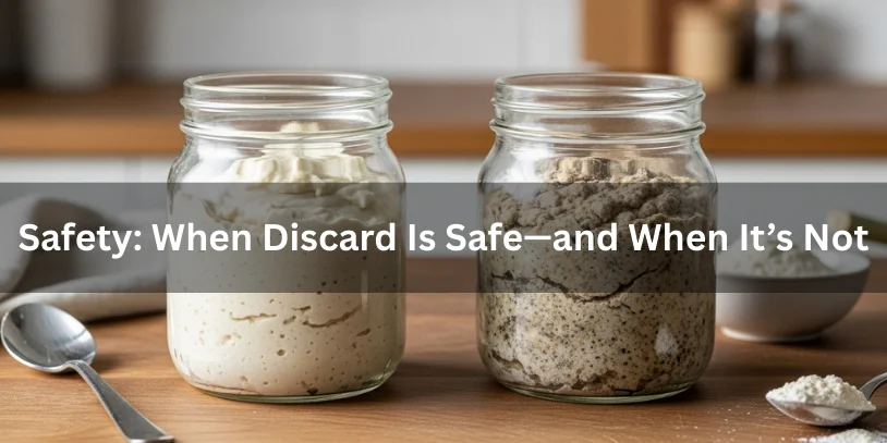Two jars of sourdough discard side by side, one safe and one spoiled, showing when sourdough discard is safe to use and when it is not.-difference between sourdough starter and discard 