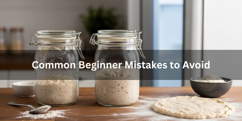Visual examples of common sourdough beginner mistakes, including overfilled jars, neglected starter, and overly wet dough.-difference between sourdough starter and discard 