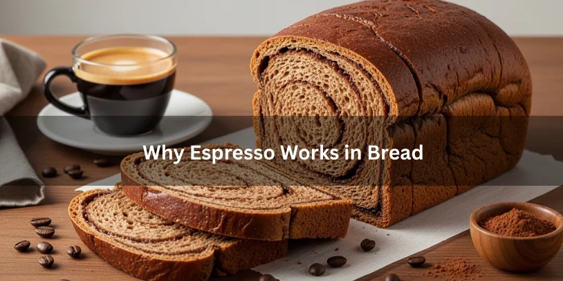 Sliced espresso bread with deep brown crumb beside a small cup of espresso and coffee beans, highlighting flavor and color enhancement.-espresso bread 