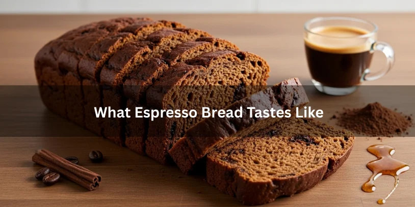 Sliced espresso bread with rich coffee-colored crumb beside a small cup of espresso and cocoa powder, suggesting bold coffee flavor and subtle sweetness.-espresso bread 