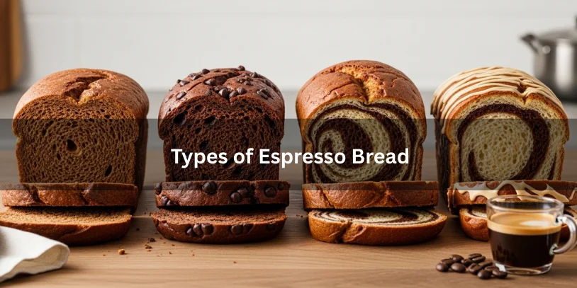 Different espresso bread types including classic, chocolate chip, marbled swirl, and glazed versions, sliced to show crumb and texture differences.-espresso bread 