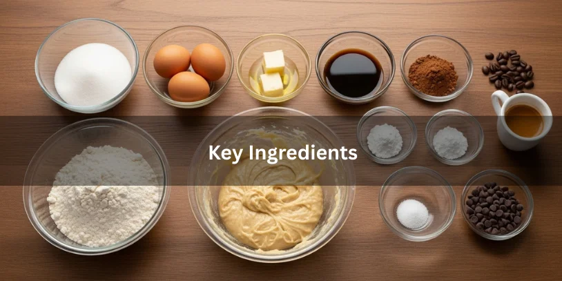 Measured espresso bread ingredients including flour, sugar, butter, eggs, brewed espresso, cocoa powder, and chocolate chips arranged in bowls with batter in the center.-espresso bread 