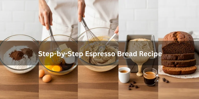 Step-by-step espresso bread process showing dry and wet ingredients, mixed batter with espresso swirls, batter in loaf pan, and sliced baked loaf with moist coffee-colored crumb.-espresso bread 
