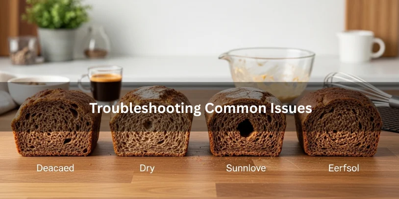 Espresso bread slices showing dense, dry, sunken, and perfectly baked textures arranged side by side for troubleshooting comparison.-espresso bread 