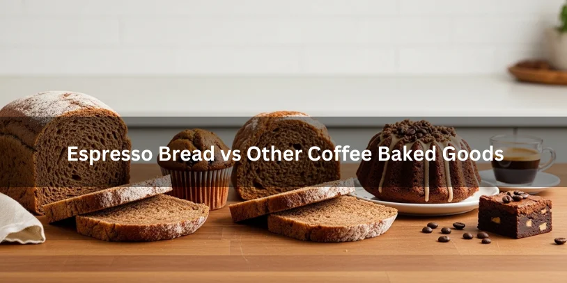 Sliced espresso bread alongside a coffee muffin, coffee bundt cake, and espresso brownie, showing crumb texture and coffee-baked goods comparison.-espresso bread 