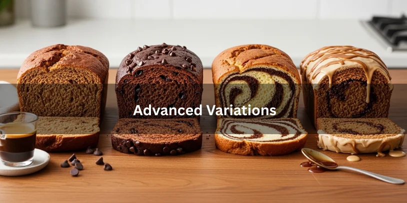 Four advanced espresso bread variations including classic, chocolate chip, marbled swirl, and glazed loaf, sliced to show interior textures and patterns with espresso and chocolate nearby.-espresso bread 