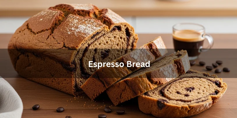 Sliced espresso bread loaf with rich coffee-colored crumb and optional chocolate chips, served beside a small cup of espresso and coffee beans.-espresso bread