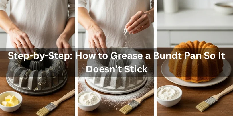 Step-by-step process of greasing and flouring a Bundt pan with a final cleanly released Bundt cake showing sharp edges and no sticking.-how to grease a bundt pan so cakes never stick 