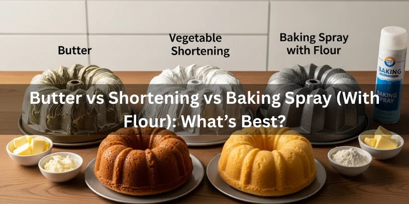 Three Bundt pans greased with butter, shortening, and baking spray with flour, shown beside cleanly released cakes for comparison.-how to grease a bundt pan so cakes never stick 