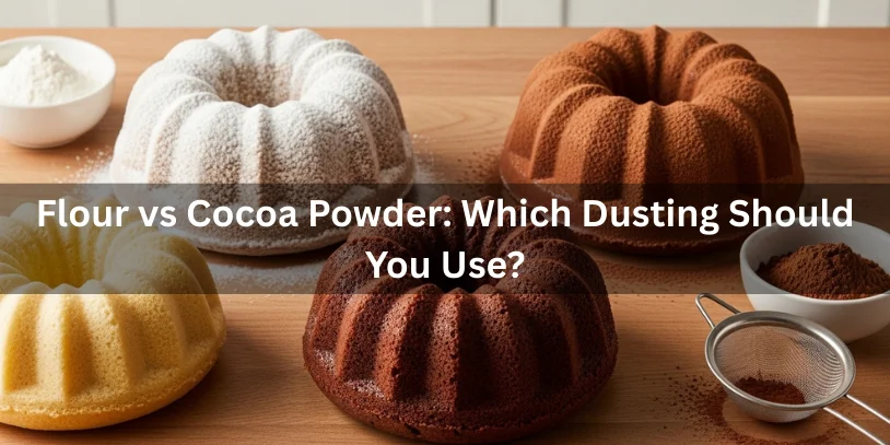 Bundt pans dusted with flour and cocoa powder shown beside cleanly released vanilla and chocolate Bundt cakes for comparison.-how to grease a bundt pan so cakes never stick 