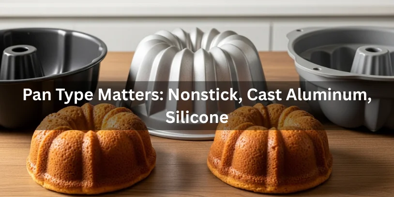 Nonstick, cast aluminum, and silicone Bundt pans displayed side by side with released cakes showing differences in edge definition and detail.-how to grease a bundt pan so cakes never stick 