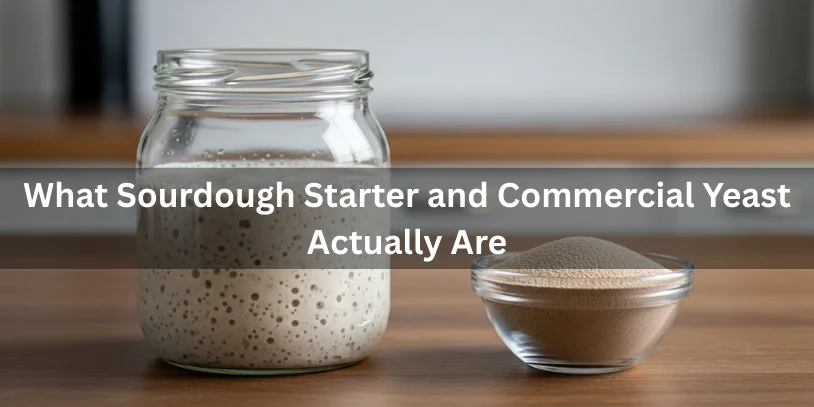 Is Sourdough Starter a Substitute for Yeast? A Complete Best Baker’s Guide In 2026 A glass jar of active sourdough starter next to a bowl of commercial dry yeast on a wooden countertop, illustrating what sourdough starter and commercial yeast actually are.-is sourdough starter a substitute for yeast