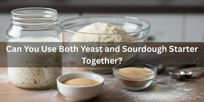 Is Sourdough Starter a Substitute for Yeast? A Complete Best Baker’s Guide In 2026 Sourdough starter jar and dry yeast beside dough in a mixing bowl, showing how yeast and sourdough starter can be used together in bread baking.-is sourdough starter a substitute for yeast