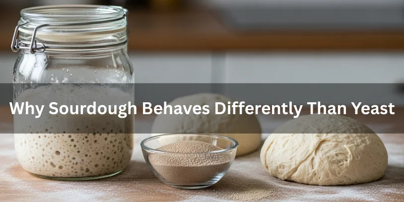 Is Sourdough Starter a Substitute for Yeast? A Complete Best Baker’s Guide In 2026 An active sourdough starter and commercial yeast with separate dough portions on a wooden countertop, illustrating why sourdough behaves differently than yeast during fermentation.-is sourdough starter a substitute for yeast