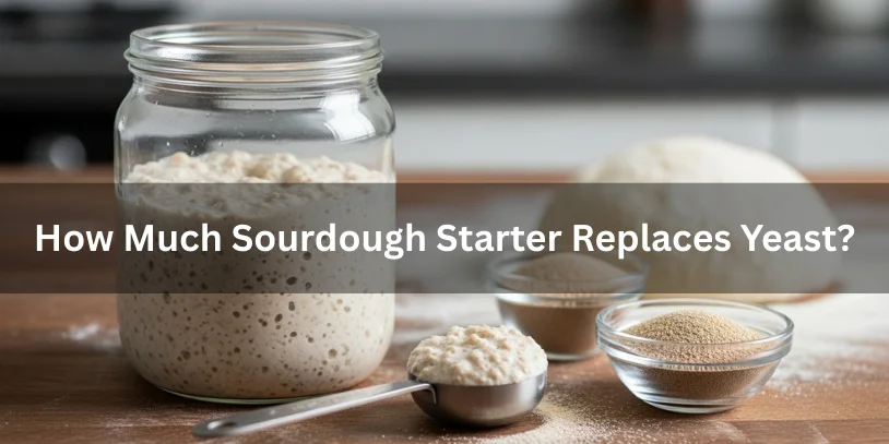 Is Sourdough Starter a Substitute for Yeast? A Complete Best Baker’s Guide In 2026 A measured amount of active sourdough starter beside dry yeast and dough on a wooden countertop, illustrating how much sourdough starter replaces yeast in baking.-is sourdough starter a substitute for yeast